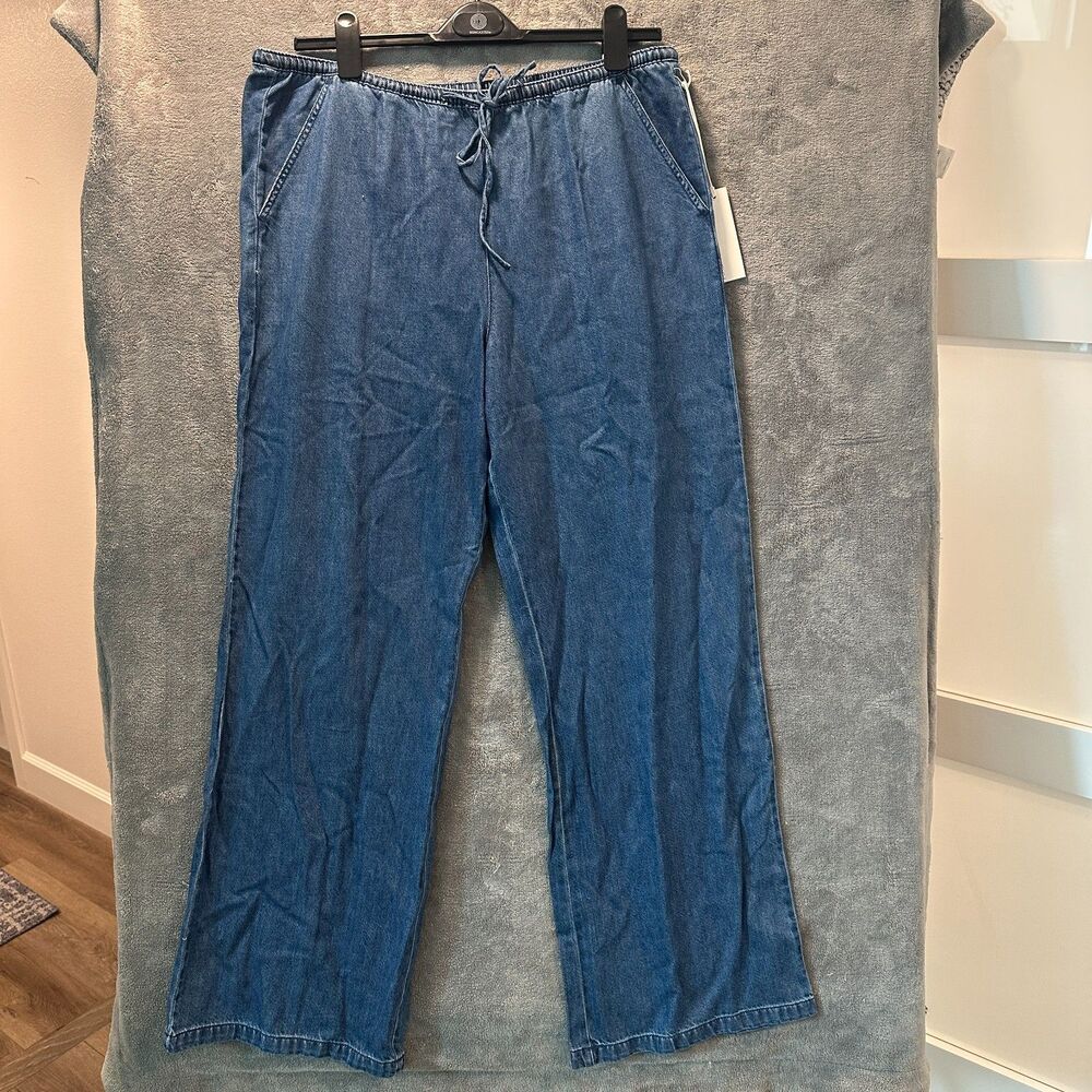 NWT NEW HABITUAL Tencel Cotton Wide Leg Drawstring Pants Size L Blue Chambray
